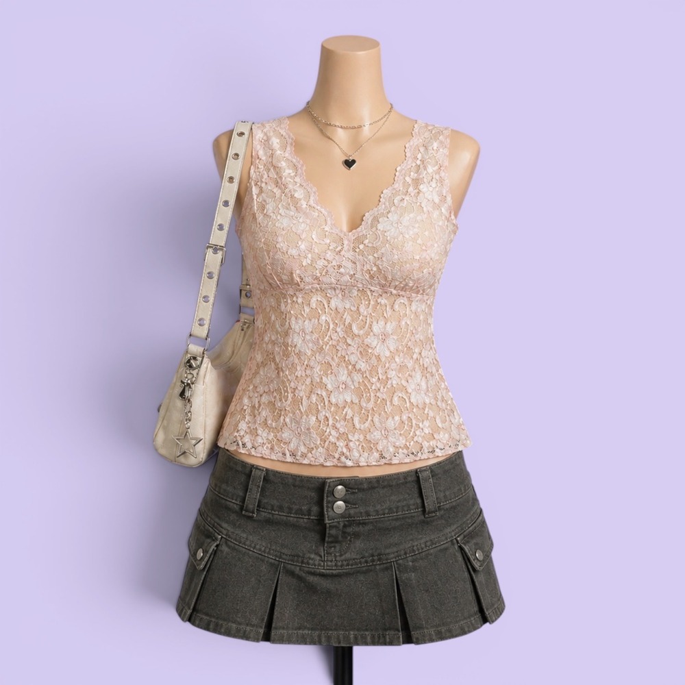 Cabi Vintage Y2K Pink Lace V-Neck Lined Stretch Tank Top Size L Style 601 Preppy